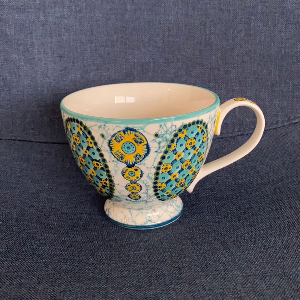 Anthropologie mug, blue, white, yellow shabby chic